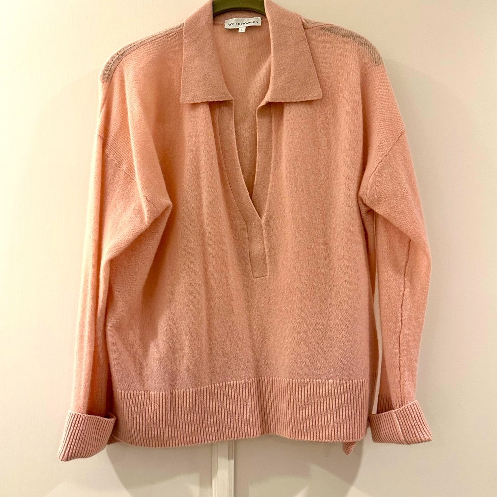 White and Warren, Pink Sweater, Size L, collared, relaxed fit